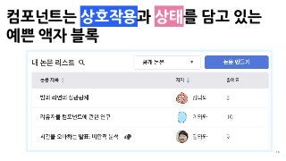 15
( , , )
컴포넌트는 상호작용과 상태를 담고 있는 
예쁜 액자 블록
 