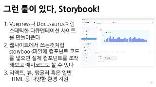 그런 툴이 있다, Storybook!
36
1.Vuepress나 Docusaurus처럼
스태틱한 다큐멘테이션 사이트
를 만들어준다
2.웹사이트에서 쓰는것처럼
storybook파일에 컴포넌트 코드
를 넣으면 실제 컴포넌트를 조작
해보고 예시코드도 볼 수 있다.
3.리액트, 뷰, 앵귤러 혹은 일반
HTML 등 다양한 환경 지원
 
