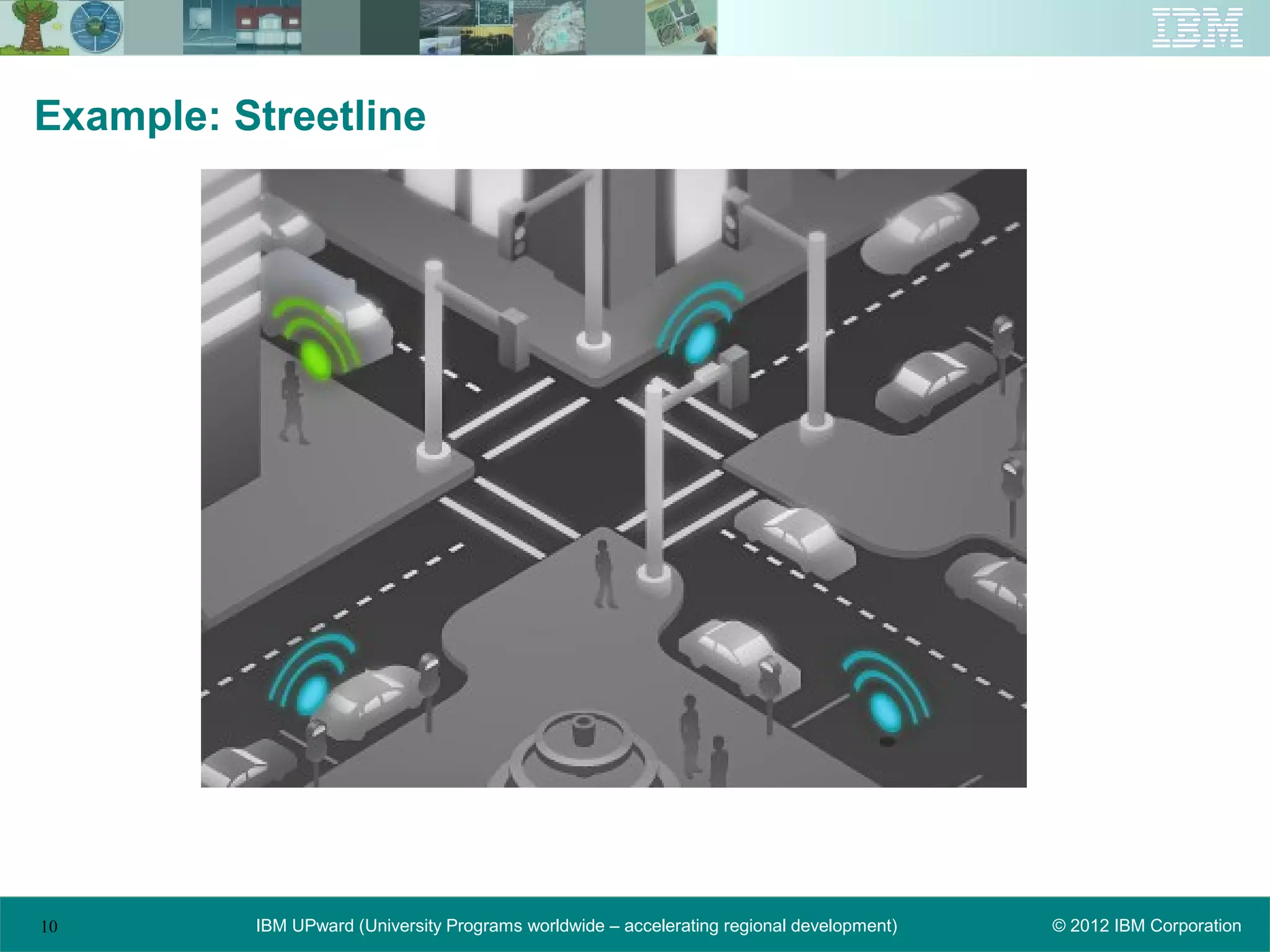 Example: Streetline




10        IBM UPward (University Programs worldwide – accelerating regional development)   © 2012 IBM Corporation
 