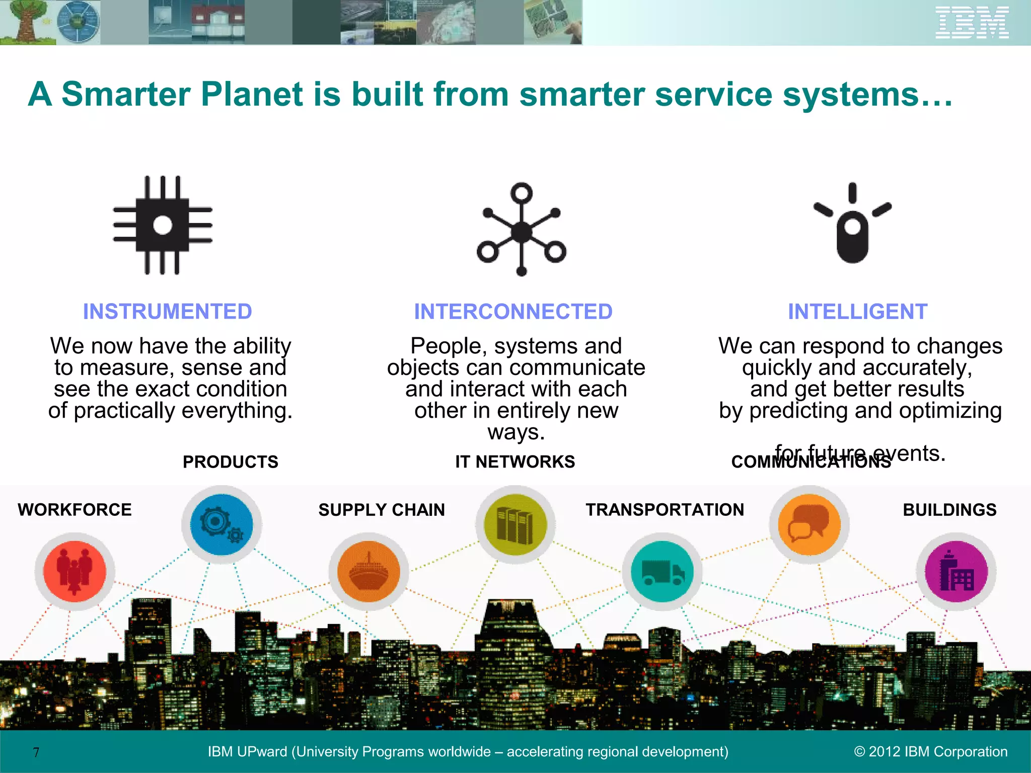 A Smarter Planet is built from smarter service systems…




        INSTRUMENTED                               INTERCONNECTED                                          INTELLIGENT
     We now have the ability                     People, systems and                             We can respond to changes
     to measure, sense and                     objects can communicate                             quickly and accurately,
     see the exact condition                    and interact with each                              and get better results
     of practically everything.                  other in entirely new                           by predicting and optimizing
                                                         ways.
                   PRODUCTS                               IT NETWORKS                                    for future events.
                                                                                                      COMMUNICATIONS

WORKFORCE                            SUPPLY CHAIN                            TRANSPORTATION                             BUILDINGS




 7                   IBM UPward (University Programs worldwide – accelerating regional development)               © 2012 IBM Corporation
 