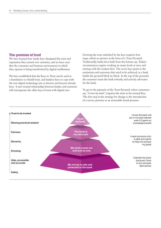 10     Rebuilding Customer Trust in Retail Banking




The promise of trust                                              Growing the trust unlocked by the keys requires four
We have learned how banks have dissipated the trust and           steps, which we picture in the form of a Trust Pyramid.
reputation they earned over centuries, and we have seen           Traditionally banks have built from the bottom up. Today’s
that the consumer and business environment in which               circumstances require working on many levels at once and
they operate is being transformed by digital enablement.          starting with the weakest first. The seven keys point to the
                                                                  sentiments and outcomes that need to be achieved, as a bank
We have established that the Keys to Trust can be used as         builds the pyramid block by block. At the top of the pyramid,
a foundation to rebuild trust, and bankers have to cope with      the customer trusts the bank robustly and actively advocates
the new digital technology just as doctors and lawyers already    for the bank.
have. A new trusted relationship between banker and customer
will reinvigorate the older keys of trust with digital ease.      To get to the pinnacle of the Trust Pyramid, where customers
                                                                  say, “I trust my bank”, requires the trust-to-be-trusted Key.
                                                                  The first step in the strategy for change is the introduction
                                                                  of a service promise or an actionable brand promise.




     Trust to be trusted
                                                                                                              I know the bank will
                                                                                                            act in my best interest
                                                             I trust
                                                                                                                  even if it gains no
     Sharing practical wisdom
                                                            my bank
                                                                                                                immediate benefit


     Fairness                                              The bank is
                                                           my advocate
                                                                                                             I need someone who
                                                                                                                  is able and wants
     Sincerity                                                                                                  to help me achieve
                                                                                                                           my goals
                                                       My bank knows me
     Knowing                                            and acts as one

                                                                                                                I tolerate the bank
     Able, accessible                                                                                               because I have
     and accurate                                                                                                   to but will seek
                                                     My money is safe and                                               alternatives
                                                     protected in the bank
     Safety
 