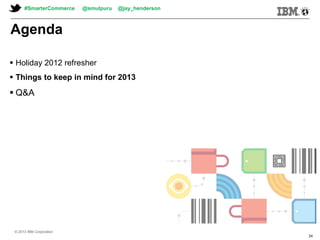 © 2013 IBM Corporation© 2013 IBM Corporation
Agenda
 Holiday 2012 refresher
 Things to keep in mind for 2013
 Q&A
© 2013 IBM Corporation
#SmarterCommerce @smulpuru @jay_henderson
24
 
