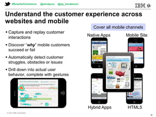 © 2013 IBM Corporation
#SmarterCommerce @smulpuru @jay_henderson
© 2013 IBM Corporation
30
Understand the customer experience across
websites and mobile
 Capture and replay customer
interactions
 Discover “why” mobile customers
succeed or fail
 Automatically detect customer
struggles, obstacles or issues
 Drill down into actual user
behavior, complete with gestures
Native Apps
Hybrid Apps HTML5
Mobile Site
Cover all mobile channels
 