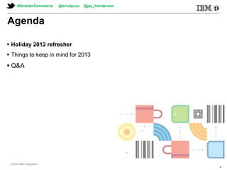 © 2013 IBM Corporation© 2013 IBM Corporation
Agenda
 Holiday 2012 refresher
 Things to keep in mind for 2013
 Q&A
© 2013 IBM Corporation
#SmarterCommerce @smulpuru @jay_henderson
4
 