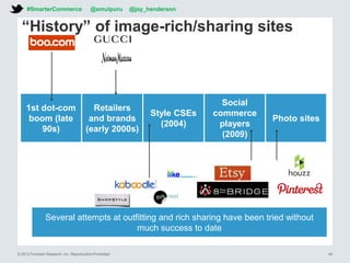 © 2012 Forrester Research, Inc. Reproduction Prohibited
“History” of image-rich/sharing sites
Several attempts at outfitting and rich sharing have been tried without
much success to date
1st dot-com
boom (late
90s)
Retailers
and brands
(early 2000s)
Style CSEs
(2004)
Social
commerce
players
(2009)
Photo sites
#SmarterCommerce @smulpuru @jay_henderson
44
 
