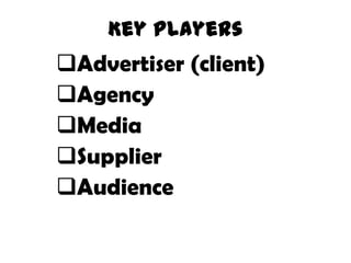 Key Players
Advertiser (client)
Agency
Media
Supplier
Audience
 
