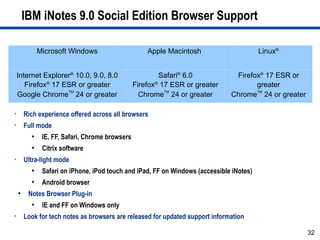 IBM iNotes 9.0 Social Edition Browser Support

              Microsoft Windows                      Apple Macintosh                      Linux®


    Internet Explorer® 10.0, 9.0, 8.0                    Safari® 6.0            Firefox® 17 ESR or
       Firefox® 17 ESR or greater                Firefox® 17 ESR or greater           greater
    Google ChromeTM 24 or greater                  ChromeTM 24 or greater      ChromeTM 24 or greater

•       Rich experience offered across all browsers
•       Full mode
          ●
               IE, FF, Safari, Chrome browsers
          ●
               Citrix software
•       Ultra-light mode
          ●
               Safari on iPhone, iPod touch and iPad, FF on Windows (accessible iNotes)
          ●
               Android browser
    ●
         Notes Browser Plug-in
          ●
               IE and FF on Windows only
•       Look for tech notes as browsers are released for updated support information

                                                                                                        32
 