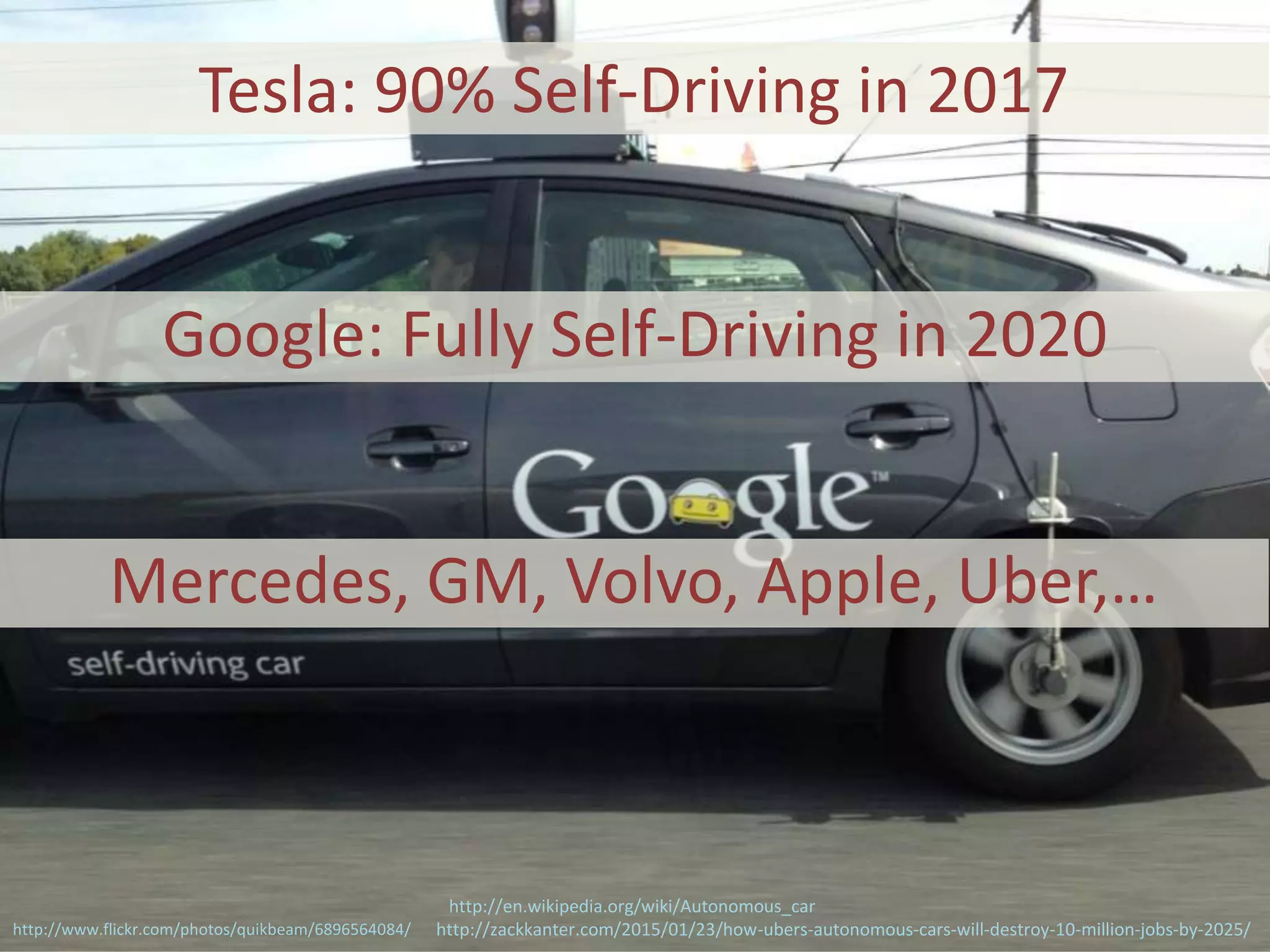 Tesla: 90% Self-Driving in 2017
http://zackkanter.com/2015/01/23/how-ubers-autonomous-cars-will-destroy-10-million-jobs-by-2025/http://www.flickr.com/photos/quikbeam/6896564084/
Google: Fully Self-Driving in 2020
Mercedes, GM, Volvo, Apple, Uber,…
http://en.wikipedia.org/wiki/Autonomous_car
 