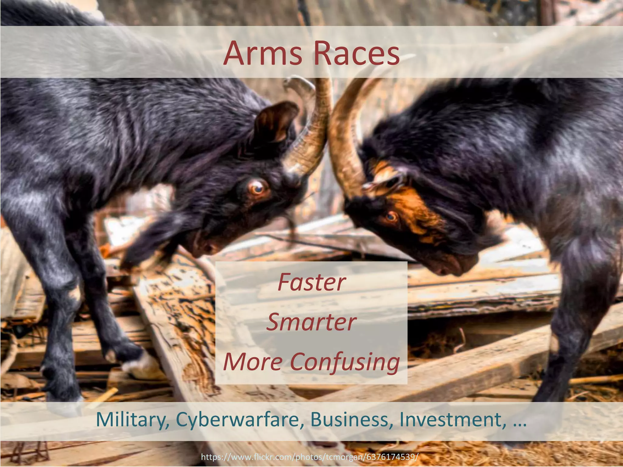 Arms Races
Faster
Smarter
More Confusing
https://www.flickr.com/photos/tcmorgan/6376174539/
Military, Cyberwarfare, Business, Investment, …
 