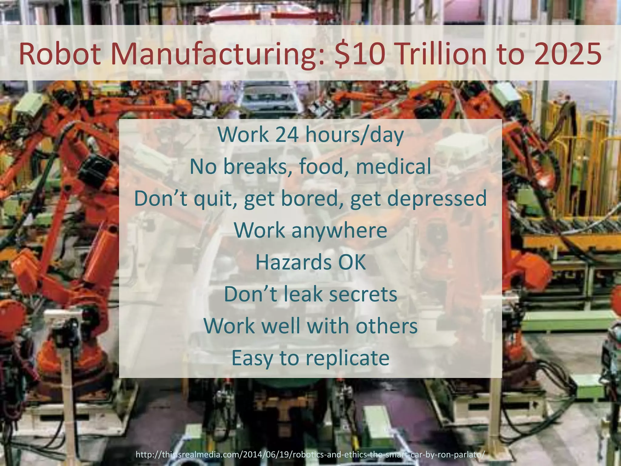 Robot Manufacturing: $10 Trillion to 2025
Work 24 hours/day
No breaks, food, medical
Don’t quit, get bored, get depressed
Work anywhere
Hazards OK
Don’t leak secrets
Work well with others
Easy to replicate
http://thisisrealmedia.com/2014/06/19/robotics-and-ethics-the-smart-car-by-ron-parlato/
 