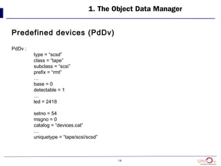 14
1. The Object Data Manager
Predefined devices (PdDv)
PdDv :
type = “scsd”
class = “tape”
subclass = “scsi”
prefix = “rmt”
…
base = 0
detectable = 1
…
led = 2418
setno = 54
msgno = 0
catalog = “devices.cat”
…
uniquetype = “tape/scsi/scsd”
 