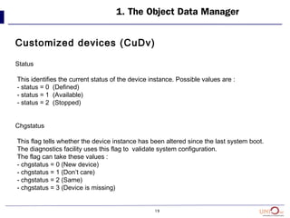 19
1. The Object Data Manager
Customized devices (CuDv)
Status
This identifies the current status of the device instance. Possible values are :
- status = 0 (Defined)
- status = 1 (Available)
- status = 2 (Stopped)
Chgstatus
This flag tells whether the device instance has been altered since the last system boot.
The diagnostics facility uses this flag to validate system configuration.
The flag can take these values :
- chgstatus = 0 (New device)
- chgstatus = 1 (Don’t care)
- chgstatus = 2 (Same)
- chgstatus = 3 (Device is missing)
 