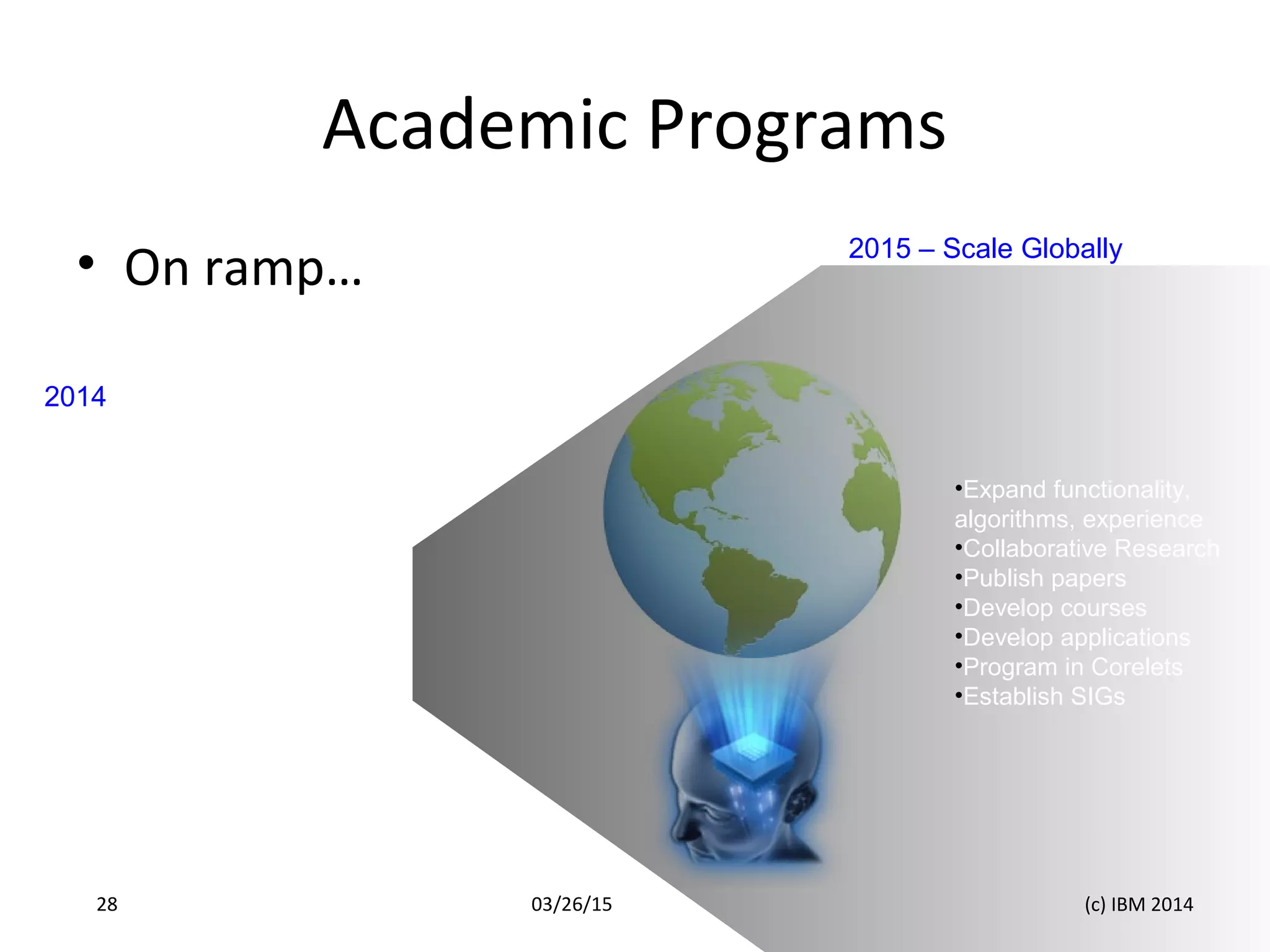 Academic Programs
• On ramp…
2014
Readiness
- Cognitive Computing Course
- Case Competitions
- Great Mind Challenges
- Other collaborations
Recruiting
Research
- Cognitive Systems Institute
2015 – Scale Globally
•Expand functionality,
algorithms, experience
•Collaborative Research
•Publish papers
•Develop courses
•Develop applications
•Program in Corelets
•Establish SIGs
03/26/15 (c) IBM 201428
 