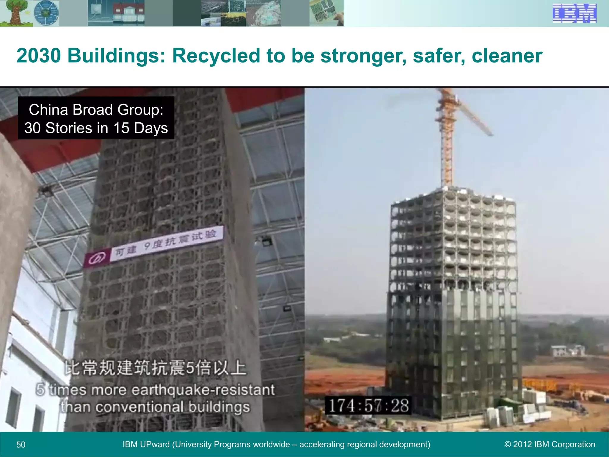 © 2012 IBM CorporationIBM UPward (University Programs worldwide – accelerating regional development)50
2030 Buildings: Recycled to be stronger, safer, cleaner
China Broad Group:
30 Stories in 15 Days
 