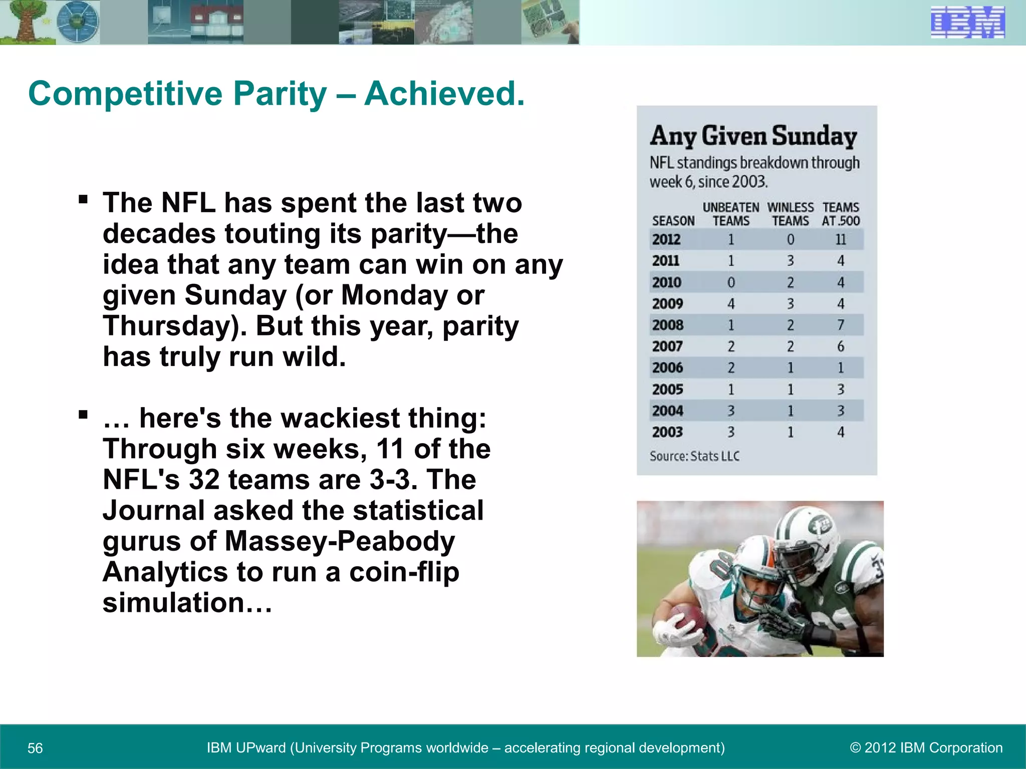 © 2012 IBM CorporationIBM UPward (University Programs worldwide – accelerating regional development)56
Competitive Parity – Achieved.
 The NFL has spent the last two
decades touting its parity—the
idea that any team can win on any
given Sunday (or Monday or
Thursday). But this year, parity
has truly run wild.
 … here's the wackiest thing:
Through six weeks, 11 of the
NFL's 32 teams are 3-3. The
Journal asked the statistical
gurus of Massey-Peabody
Analytics to run a coin-flip
simulation…
 