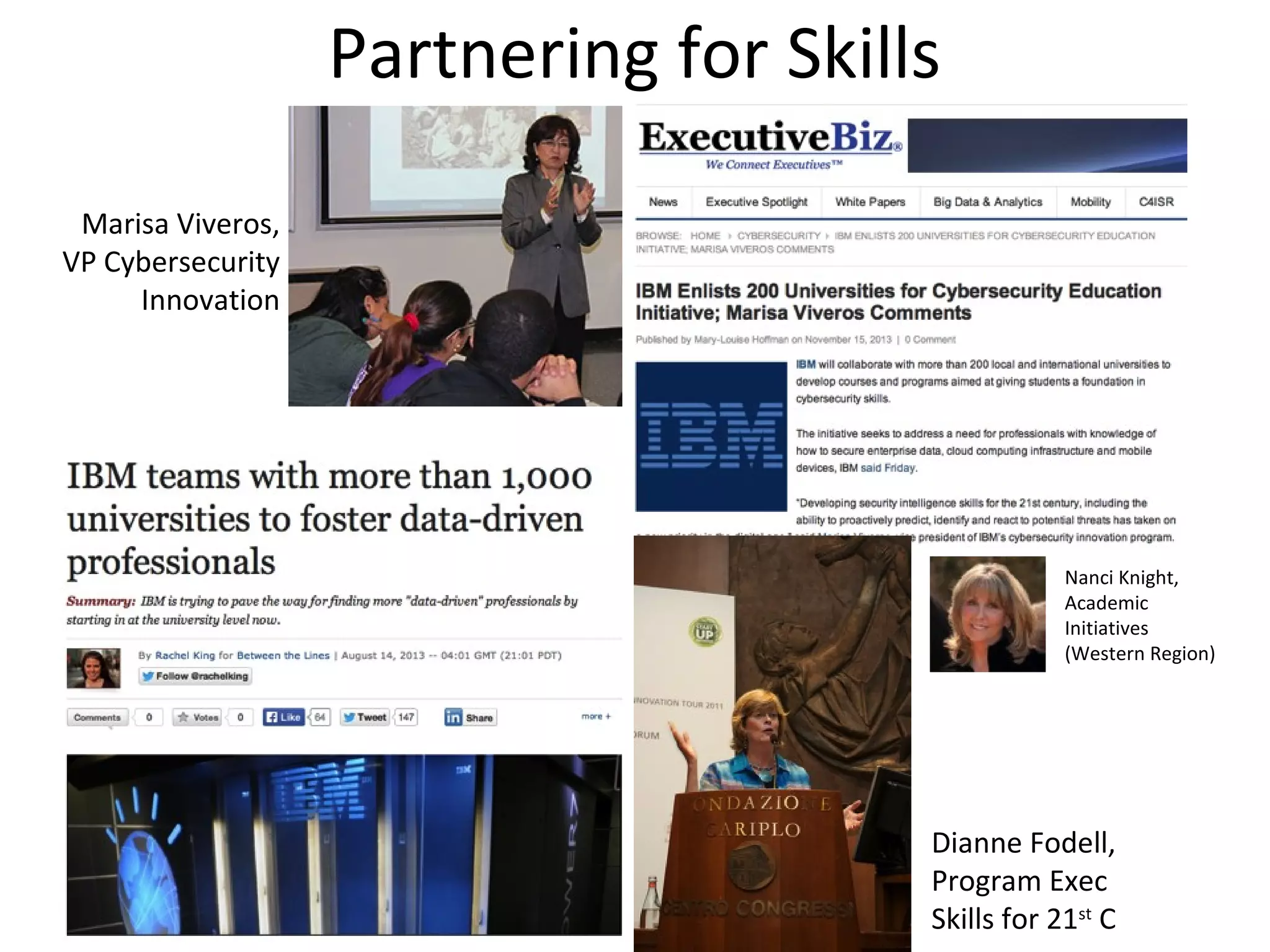 Partnering for Skills
Marisa Viveros,
VP Cybersecurity
Innovation
Dianne Fodell,
Program Exec
Skills for 21st
C
Nanci Knight,
Academic
Initiatives
(Western Region)
 