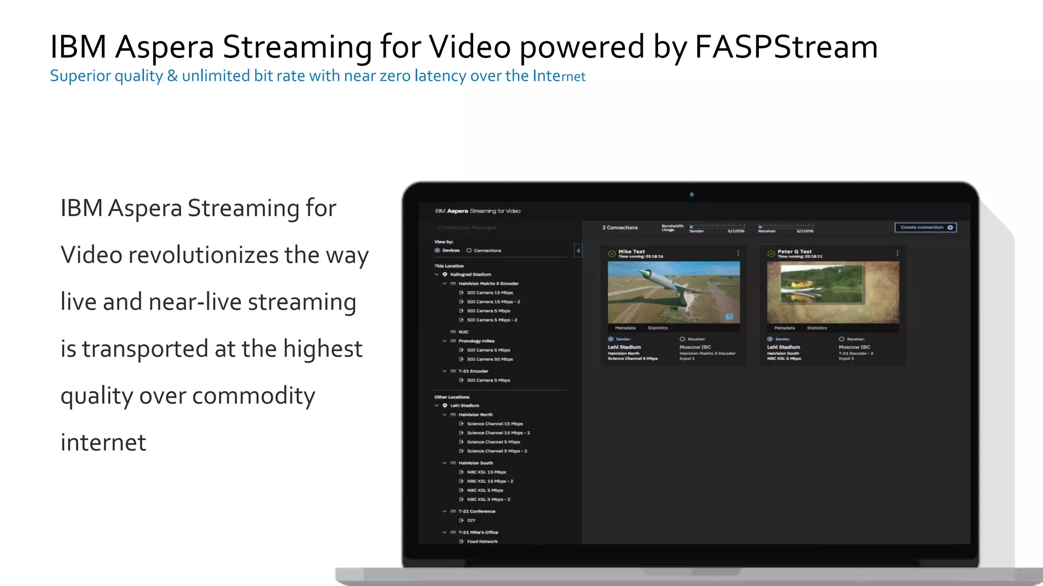 IBM Aspera Streaming for
Video revolutionizes the way
live and near-live streaming
is transported at the highest
quality over commodity
internet
IBM Aspera Streaming for Video powered by FASPStream
Superior quality & unlimited bit rate with near zero latency over the Internet
 
