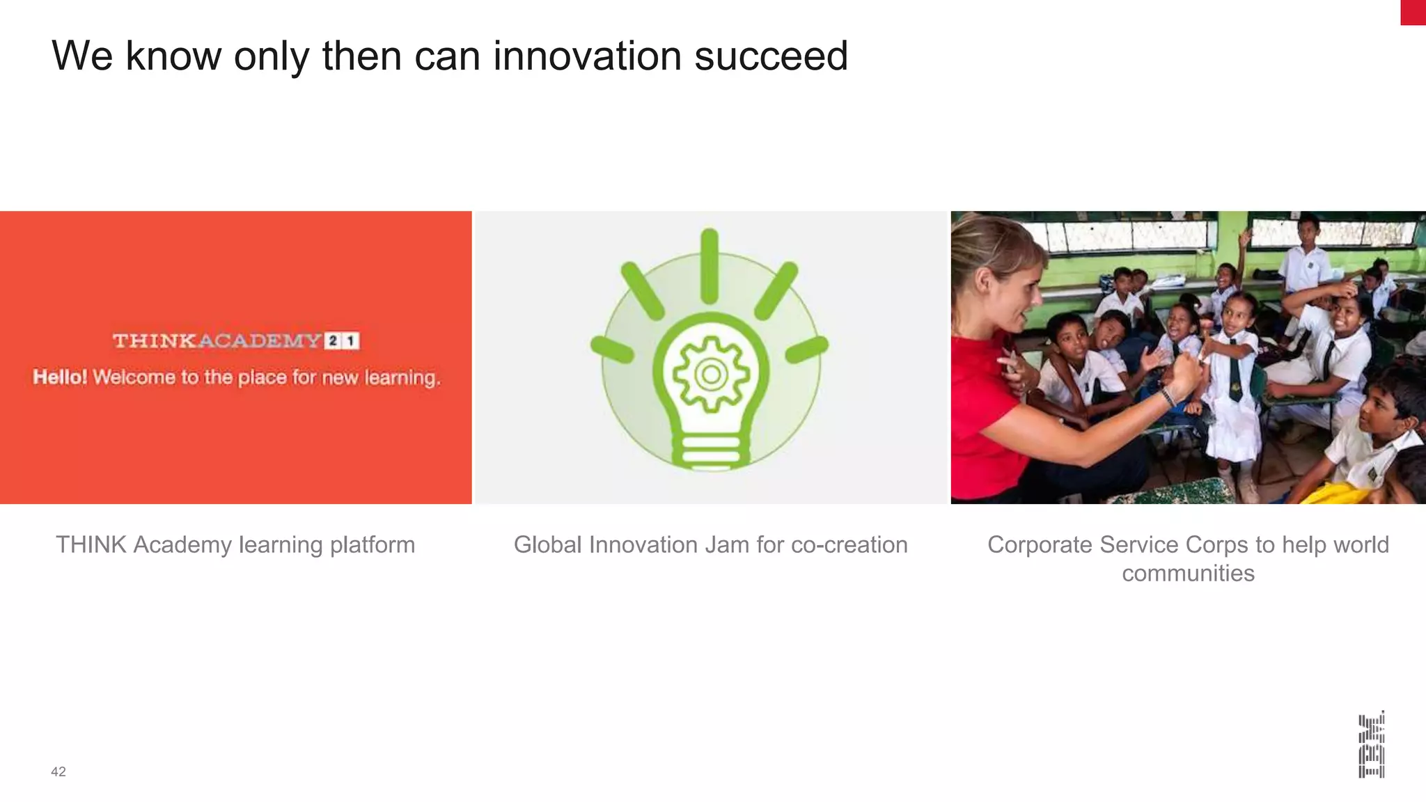 42
We know only then can innovation succeed
THINK Academy learning platform Global Innovation Jam for co-creation Corporate Service Corps to help world
communities
 