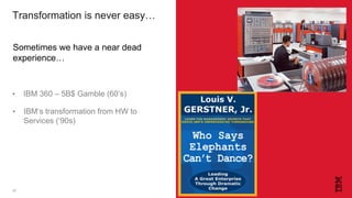 43
Sometimes we have a near dead
experience…
• IBM‘s transformation from HW to
Services (‘90s)
• IBM 360 – 5B$ Gamble (60’...