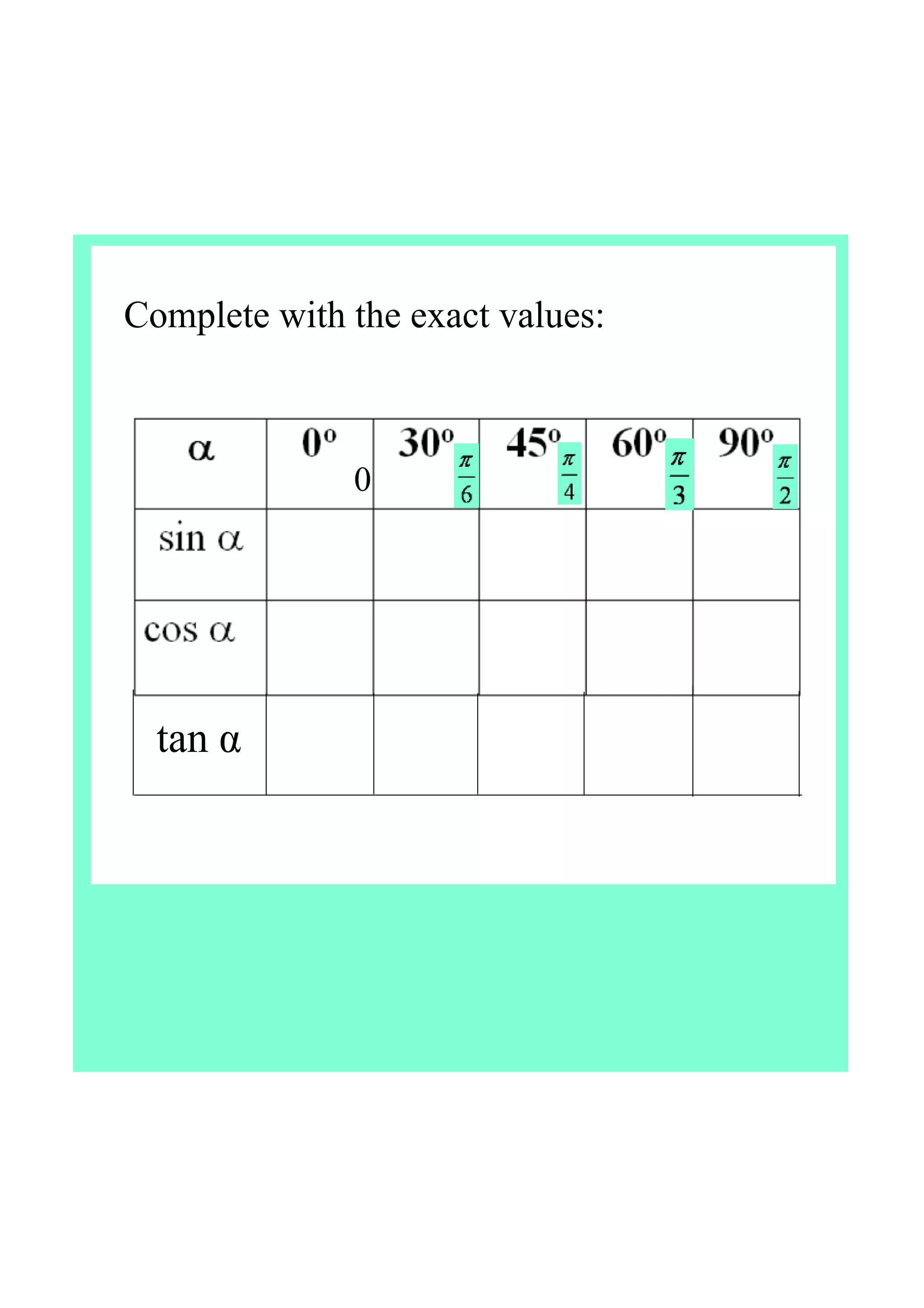 Complete with the exact values:
tan α
0