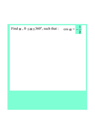 Find α , 0 ≤α≤360o
, such that : cos α =
 