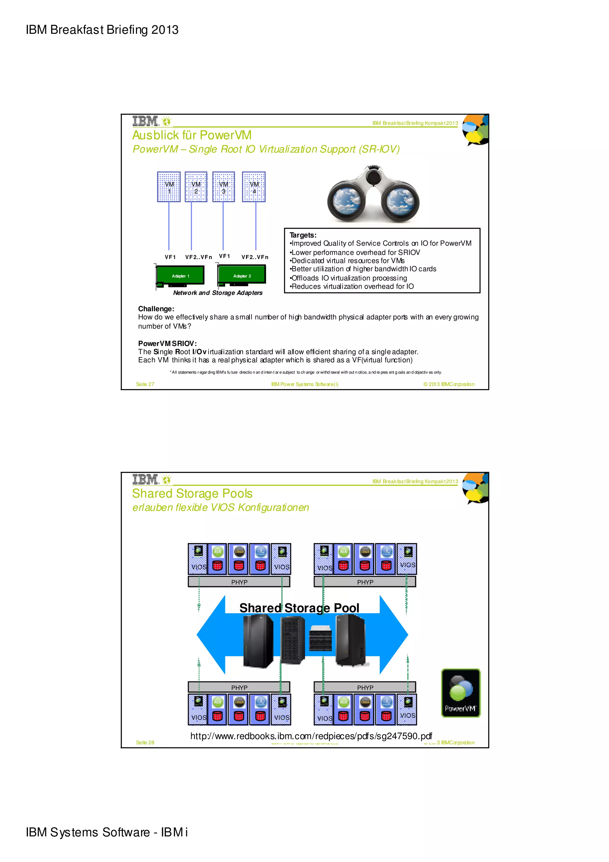 IBM Breakfast Briefing 2013




                                                                                                                                                             IBM Break fas t Briefing Kompak t 2013

                  Ausblick für PowerVM
                  PowerVM – Single Root IO Virtualization Support (SR-IOV)


                              VM            VM               VM                 VM
                               1             2                3                  4




                                                                                                         Targets:
                                                                                                         •Improved Quality of Service Controls on IO for PowerVM
                                                             VF 1
                                                                                                         •Lower performance overhead for SRIOV
                              VF 1      VF 2. . VF n                       VF 2. . VF n
                                                                                                         •Dedicated virtual resources for VMs
                                                                                                         •Better utilization of higher bandwidth IO cards
                                Adapter 1                             Adapter 2
                                                                                                         •Offloads IO virtualization processing
                                                                         PF
                                PF                                                                       •Reduces virtualization overhead for IO
                                Network and Storage Adapters

                   Challenge:
                   How do we effectively share a small number of high bandwidth physical adapter ports with an every growing
                   number of VMs?

                   PowerVM SRIOV:
                   T he Single Root I/Ov irtualization standard will allow efficient sharing of a single adapter.
                   Each VM thinks it has a real physical adapter which is shared as a VF(virtual function)
                               * All statements r egar ding IBM's fu ture directio n an d inten t ar e subject to ch ange or withd rawal with out n otice, a nd re pres ent g oals an d objectiv es only.


                   Seite 27                                                                   IBM Power Sys tems Software (i)                                                                © 2013 IBMCorporation




                                                                                                                                                             IBM Break fas t Briefing Kompak t 2013

                  Shared Storage Pools
                  erlauben flexible VIOS Konfigurationen




                                            VIOS                                                VIOS                                                                          VIOS
                                                                                                                          VIOS

                                                                     PHYP                                                                          PHYP



                                                                          Shared Storage Pool




                                                                     PHYP                                                                          PHYP



                                            VIOS                                                VIOS                                                                          VIOS
                                                                                                                          VIOS


                                            http://www.redbooks.ibm.com/redpieces/pdfs/sg247590.pdf
                   Seite 28                                                                   IBM Power Sys tems Software (i)                                                                © 2013 IBMCorporation




IBM Systems Software - IBM i
 