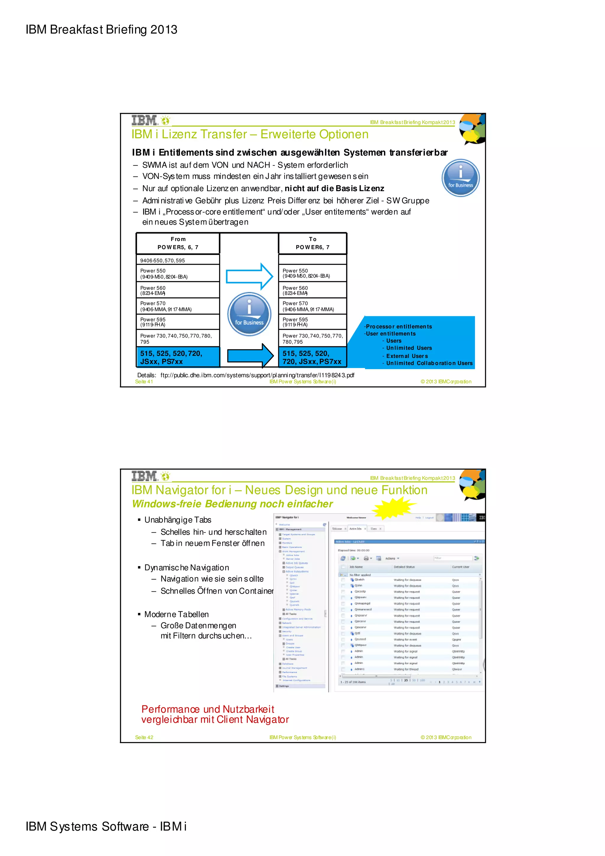 IBM Breakfast Briefing 2013




                                                                                                             IBM Break fas t Briefing Kompak t 2013

                  IBM i Lizenz Transfer – Erweiterte Optionen
                  IBM i Entitlements sind zwischen ausgewählten Systemen transferierbar
                   –   SWMA ist auf dem VON und NACH - System erforderlich
                   –   VON-Sys tem muss mindesten ein J ahr ins talliert gewesen s ein
                   –   Nur auf optionale Lizenz en anwendbar, nicht auf die Basis Liz enz
                   –   Admi nistrati ve Gebühr plus Lizenz Preis Differ enz bei höherer Ziel - SW Gruppe
                   –   IBM i „Process or-core entitlement“ und/oder „User entitements“ werden auf
                       ein neues System übertragen

                                  F ro m                                              To
                              PO W ER5, 6, 7                                      PO W ER6, 7

                       9406-550, 570, 595

                       Power 550                                            Power 550
                       (9409-M 8204-E
                              50,    8A)                                    (9409-M 8204-E
                                                                                   50,    8A)

                       Power 560                                            Power 560
                       (8234-EMA)                                           (8234-EMA)

                       Power 570                                            Power 570
                       (9406-MMA, 9117-MMA)                                 (9406-MMA, 9117-MMA)

                       Power 595                                            Power 595
                       (9119-FHA)                                           (9119-FHA)                     -Pro cesso r en ti tl emen ts
                       Power 730, 740, 750, 770, 780,                       Power 730, 740, 750, 770,      -User en ti tl emen ts
                       795                                                  780, 795                              - Users
                                                                                                                  - Un l i mi ted Users
                       515, 525, 520, 720,                                  515, 525, 520,                        - Extern al User s
                       JSxx, PS7xx                                          720, JSxx, PS7xx                      - Un l i mi ted Col l ab o rati o n Users

                   Details: ftp://public.dhe.i bm.com/systems/support/pl anni ng/transfer/I119 824 3.pdf
                   Seite 41                                           IBM Power Sys tems Software (i)                               © 2013 IBMCorporation




                                                                                                             IBM Break fas t Briefing Kompak t 2013

                  IBM Navigator for i – Neues Design und neue Funktion
                  Windows-freie Bedienung noch einfacher
                        Unabhängige Tabs
                         – Schelles hin- und hersc halten
                         – Tab in neuem Fenster öffnen


                        Dynamisc he Navigation
                         – Navigation wie sie sein s ollte
                         – Schnelles Öffnen von Containern

                        Moderne Tabellen
                         – Große Datenmengen
                           mit Filtern durchs uchen…




                       Performance und Nutzbarkeit
                       vergleichbar mit Client Navigator
                   Seite 42                                           IBM Power Sys tems Software (i)                               © 2013 IBMCorporation




IBM Systems Software - IBM i
 