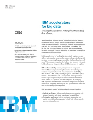 Data Sheet
IBM Software
Highlights
•	 Analytic accelerators provide advanced
analytics for various data types
•	 Application accelerators address specific
big data use cases
•	 Included with IBM Big Data Platform
components IBM InfoSphere BigInsights
and IBM InfoSphere Streams, at no
additional charge
IBM accelerators
for big data
Speeding the development and implementation of big
data solutions
With information streaming in from more sources than ever before—
social media, outdoor sensors, cameras, videos, check-out transactions
and so on—organizations face the daunting challenge of gaining insights
from new data sources and types. Many business leaders know that
big data is an important resource for creating new opportunities and
becoming more agile. However, wanting to get started and knowing how
to start are two different notions.
Building applications for handling big data typically requires a certain
skill set: understanding numerous data sources and types, familiarity with
particular programming languages, knowledge of advanced analytics and
more. Unfortunately, companies often lack the time or money to invest in
building these areas of expertise. Enter IBM® accelerators for big data.
IBM accelerators for big data are packaged software components
that speed the development and implementation of specific big data
solutions. They are included with two components of the IBM Big
Data Platform—IBM InfoSphere® BigInsights™ and IBM InfoSphere
Streams—at no additional cost. The accelerators offer organizations
business logic, data processing and UI/visualization capabilities that
can be tailored for a given use case or industry need. By leveraging
IBM experience and information management best practices, they help
eliminate the complexity of building big data applications and reduce the
time-to-value for big data deployments.
IBM provides two types of accelerators for big data (see Figure 1):
1.	Analytic accelerators address specific data types or operations with
advanced analytics, such as text analytics and geospatial data.
2.	Application accelerators address specific use cases, such as log
analysis and social media insights, and include both industry-specific
and cross-industry features.
 