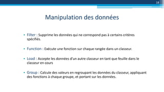 Manipulation des données
18
• Filter : Supprime les données qui ne correspond pas à certains critères
spécifiés.
• Function : Exécute une fonction sur chaque rangée dans un classeur.
• Load : Accepte les données d'un autre classeur en tant que feuille dans le
classeur en cours
• Group : Calcule des valeurs en regroupant les données du classeur, appliquant
des fonctions à chaque groupe, et portant sur les données.
 