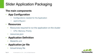 Page24 © Hortonworks Inc. 2011 – 2014. All Rights Reserved
Slider Application Packaging
The main components
• App Configuration
• Configurations needed for the Application
• appConfig.json
• Resources
• Resources required to run the application on the cluster
• CPU, Memory, Priority
• resources.json
• Application Definition
• MetaInfo.xml
• Application jar file
• Actual binary file
 