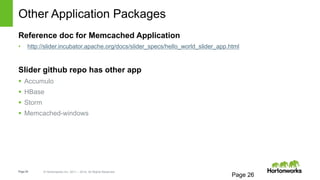 Page26 © Hortonworks Inc. 2011 – 2014. All Rights Reserved
Other Application Packages
Page 26
Reference doc for Memcached Application
• http://slider.incubator.apache.org/docs/slider_specs/hello_world_slider_app.html
Slider github repo has other app
 Accumulo
 HBase
 Storm
 Memcached-windows
 