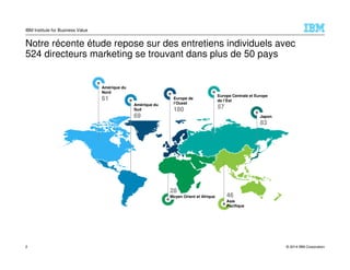 © 2014 IBM Corporation
IBM Institute for Business Value
Notre récente étude repose sur des entretiens individuels avec
524 directeurs marketing se trouvant dans plus de 50 pays
2
28
Moyen Orient et Afrique 46
Asie
Pacifique
Europe Centrale et Europe
de l’Est
57
Europe de
l’Ouest
180
Japon
83
Amérique du
Nord
61
Amérique du
Sud
69
 