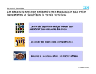 © 2014 IBM Corporation
IBM Institute for Business Value
Les directeurs marketing ont identifié trois facteurs clés pour traiter
leurs priorités et réussir dans le monde numérique
• Exécuter la « promesse client » de manière efficace
• Utiliser des capacités d’analyse avancée pour
approfondir la connaissance des clients
• Concevoir des expériences client gratifiantes
 