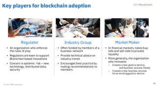 © 2017 IBM Corporation
25
Key players for blockchain adoption
Regulator Industry Group Market Maker
• An organization who ...