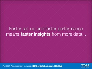 Put BLU Acceleration to work: IBMbigdatahub.com/IBMBLU
Faster set-up and faster performance
means faster insights from mor...