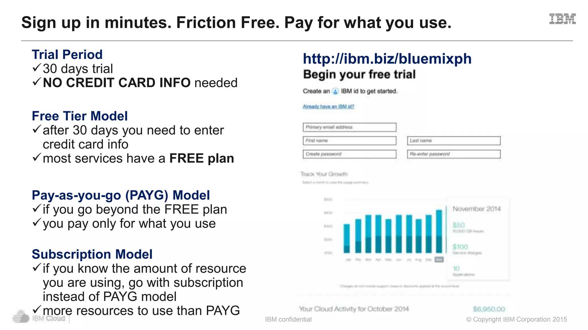 IBM confidential © Copyright IBM Corporation 2015
Sign up in minutes. Friction Free. Pay for what you use.
Trial Period
30 days trial
NO CREDIT CARD INFO needed
Free Tier Model
after 30 days you need to enter
credit card info
most services have a FREE plan
Pay-as-you-go (PAYG) Model
if you go beyond the FREE plan
you pay only for what you use
Subscription Model
if you know the amount of resource
you are using, go with subscription
instead of PAYG model
more resources to use than PAYG
http://ibm.biz/bluemixph
 