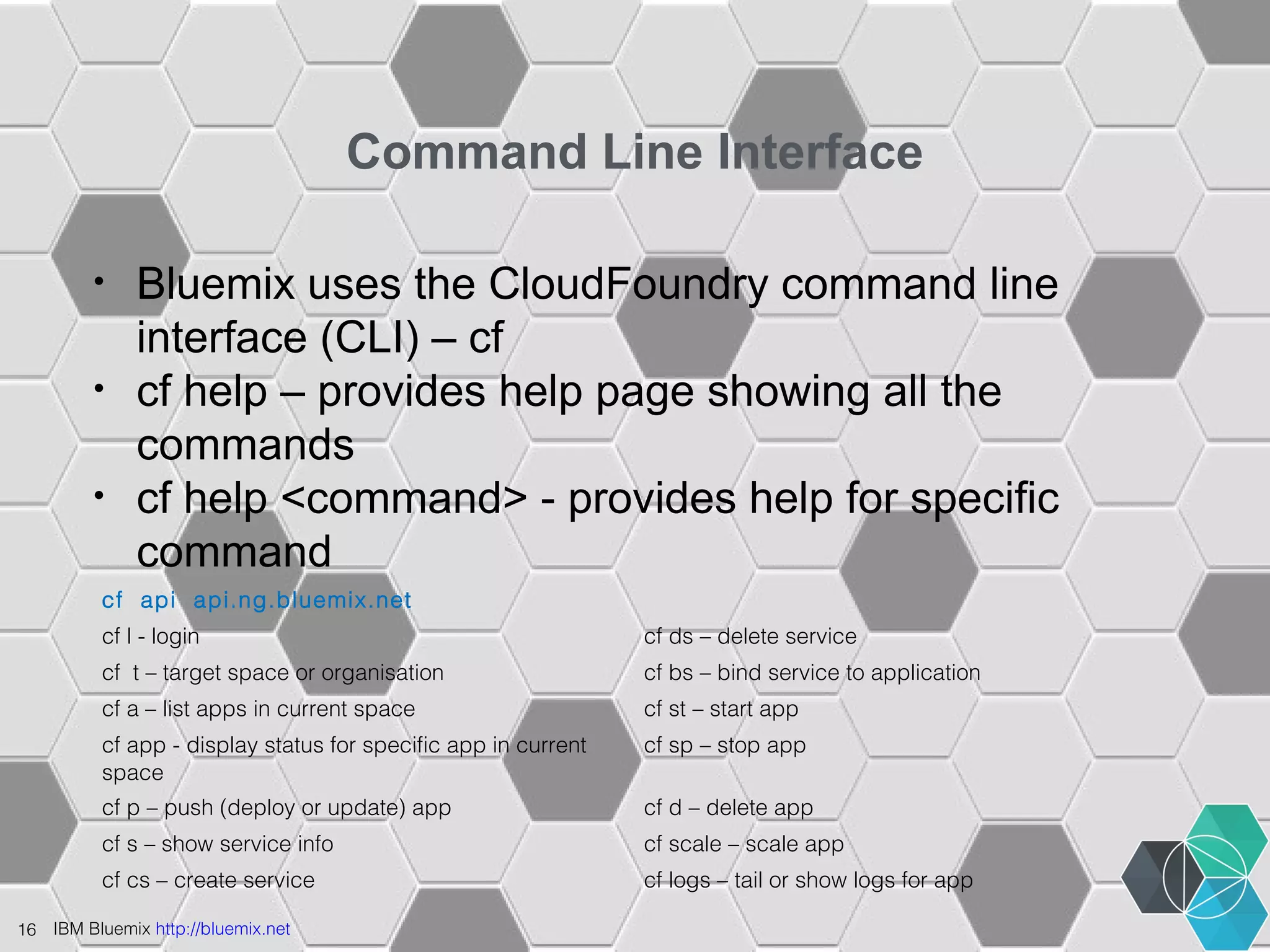 16 IBM Bluemix http://bluemix.net 
Command Line Interface 
• Bluemix uses the CloudFoundry command line 
interface (CLI) – cf 
• cf help – provides help page showing all the 
commands 
• cf help <command> - provides help for specific 
command 
cf api api.ng.bluemix.net 
cf l - login cf ds – delete service 
cf t – target space or organisation cf bs – bind service to application 
cf a – list apps in current space cf st – start app 
cf app - display status for specific app in current 
cf sp – stop app 
space 
cf p – push (deploy or update) app cf d – delete app 
cf s – show service info cf scale – scale app 
cf cs – create service cf logs – tail or show logs for app 
 