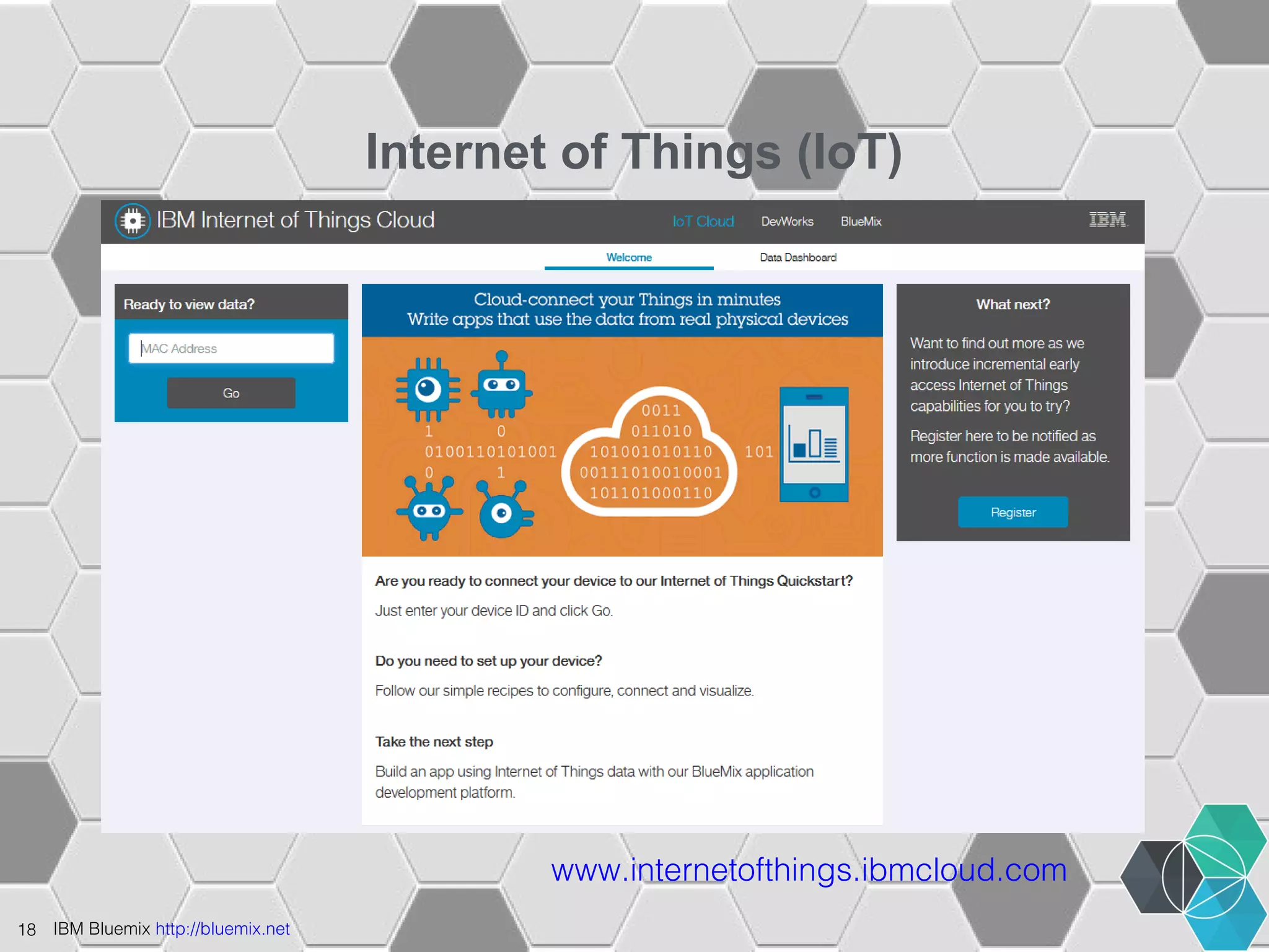 18 IBM Bluemix http://bluemix.net 
Internet of Things (IoT) 
www.internetofthings.ibmcloud.com 
 
