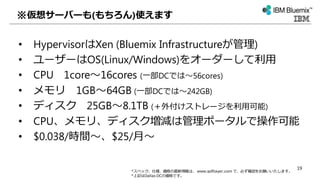 ※仮想サーバーも(もちろん)使えます
• HypervisorはXen (Bluemix Infrastructureが管理)
• ユーザーはOS(Linux/Windows)をオーダーして利用
• CPU 1core～16cores (一部DCでは～56cores)
• メモリ 1GB～64GB (一部DCでは～242GB)
• ディスク 25GB～8.1TB (＋外付けストレージを利用可能)
• CPU、メモリ、ディスク増減は管理ポータルで操作可能
• $0.038/時間～、$25/月～
*スペック、仕様、価格の最新情報は、 www.softlayer.com で、必ず確認をお願いいたします。
*上記はDallas DCの価格です。
19
 