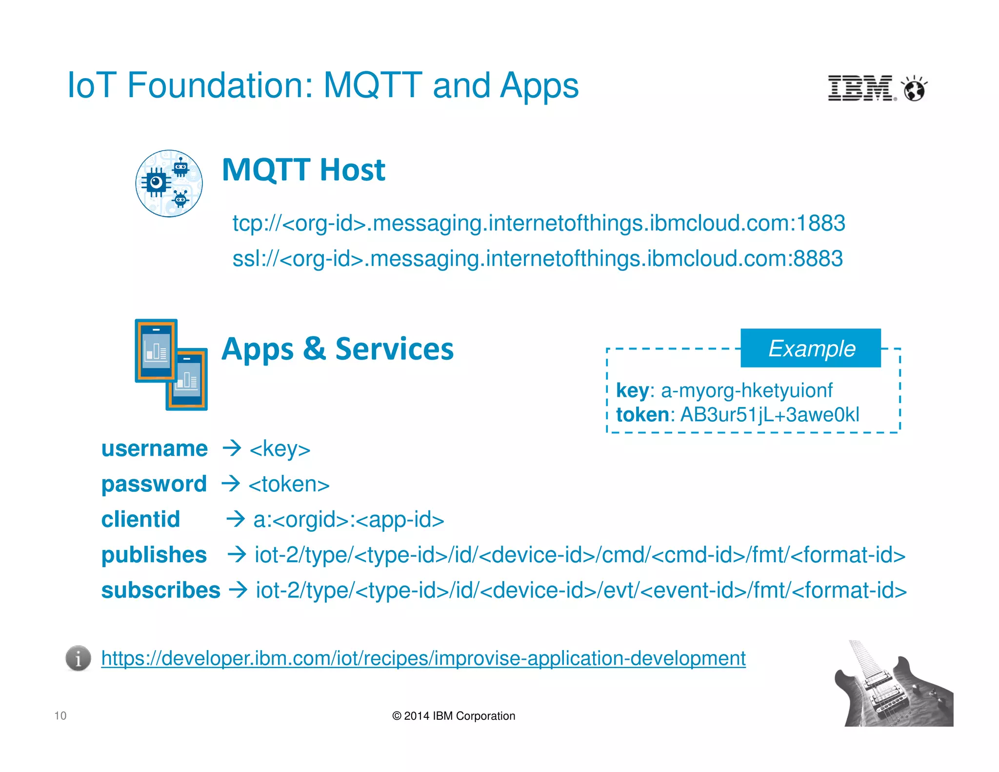 10 © 2014 IBM Corporation
IoT Foundation: MQTT and Apps
https://developer.ibm.com/iot/recipes/improvise-application-development
username  <key>
password  <token>
clientid  a:<orgid>:<app-id>
publishes  iot-2/type/<type-id>/id/<device-id>/cmd/<cmd-id>/fmt/<format-id>
subscribes  iot-2/type/<type-id>/id/<device-id>/evt/<event-id>/fmt/<format-id>
Apps & Services
key: a-myorg-hketyuionf
token: AB3ur51jL+3awe0kl
Example
tcp://<org-id>.messaging.internetofthings.ibmcloud.com:1883
ssl://<org-id>.messaging.internetofthings.ibmcloud.com:8883
MQTT Host
 