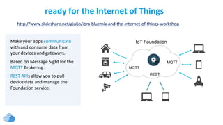 MQTT
MQTT
IoT Foundation
REST
ready for the Internet of Things
Make your apps communicate
with and consume data from
your devices and gateways.
Based on Message Sight for the
MQTT Brokering.
REST APIs allow you to pull
device data and manage the
Foundation service.
http://www.slideshare.net/gjuljo/ibm-bluemix-and-the-internet-of-things-workshop
 