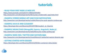 tutorials
- BUILD YOUR FIRST NODE.JS WEB SITE
https://www.youtube.com/watch?v=GRQnwVhYeWU
http://www.ibm.com/developerworks/library/wa-simplenode1-app/index.html
- EXAMPLE HYBRID MOBILE APP AND PUSH NOTIFICATION
http://www.ibm.com/developerworks/mobile/library/mo-push-apache-cordova-app
- EXAMPLE JAVA EE AND CLOUDANT
https://developer.ibm.com/bluemix/2014/07/08/cloudant_on_bluemix
- EXAMPLE MEAN STACK (MongoDB, Express, AngularJS, Node.js)
http://www.ibm.com/developerworks/web/library/wa-nodejs-polling-app
- EXAMPLE NODE-RED, TWITTER AND WATSON Q&A
http://www.ibm.com/developerworks/cloud/library/cl-twitterbot-watson-bluemix-app
- GETTING STARTED WITH DOCKER
https://developer.ibm.com/bluemix/2014/12/04/ibm-containers-beta-docker
 