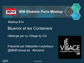@IBMFranceLab #bluemix
Bluemix et les Containers
9 mars 2016
Meetup #14
Hébergé par Le Village by CA
1
Présenté par Sébastien Laubréaux
 