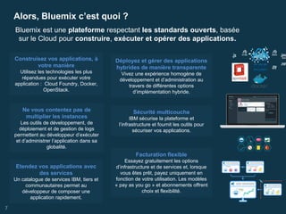Alors, Bluemix c’est quoi ?
7
Bluemix est une plateforme respectant les standards ouverts, basée
sur le Cloud pour construire, exécuter et opérer des applications.
Construisez vos applications, à
votre manière
Utilisez les technologies les plus
répandues pour exécuter votre
application : Cloud Foundry, Docker,
OpenStack.
Etendez vos applications avec
des services
Un catalogue de services IBM, tiers et
communautaires permet au
développeur de composer une
application rapidement.
Ne vous contentez pas de
multiplier les instances
Les outils de développement, de
déploiement et de gestion de logs
permettent au développeur d’exécuter
et d’administrer l’application dans sa
globalité.
Sécurité multicouche
IBM sécurise la plateforme et
l’infrastructure et fournit les outils pour
sécuriser vos applications.
Déployez et gérer des applications
hybrides de manière transparente
Vivez une expérience homogène de
développement et d’administration au
travers de différentes options
d’implémentation hybride.
Facturation flexible
Essayez gratuitement les options
d’infrastructure et de services et, lorsque
vous êtes prêt, payez uniquement en
fonction de votre utilisation. Les modèles
« pay as you go » et abonnements offrent
choix et flexibilité.
 