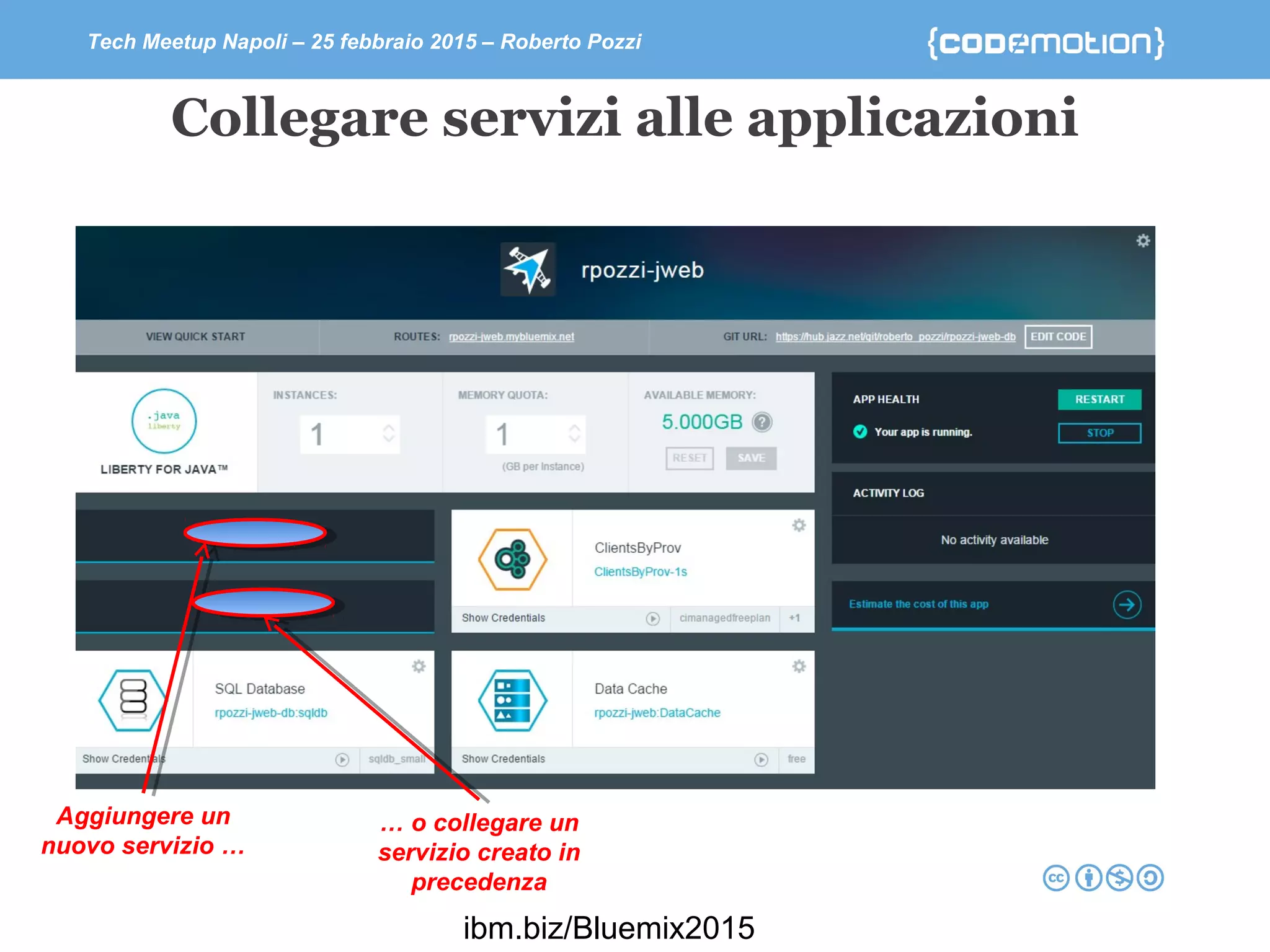 Tech Meetup Napoli – 25 febbraio 2015 – Roberto Pozzi
Collegare servizi alle applicazioni
Aggiungere un
nuovo servizio …
… o collegare un
servizio creato in
precedenza
ibm.biz/Bluemix2015
 