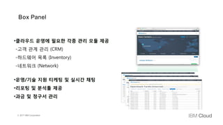 © 2017 IBM Corporation
Box Panel
•클라우드 운영에 필요한 각종 관리 모듈 제공
-고객 관계 관리 (CRM)
-하드웨어 목록 (Inventory)
-네트워크 (Network)
•운영/기술 지원 티케팅 및 실시간 채팅
•리포팅 및 분석툴 제공
•과금 및 청구서 관리
 