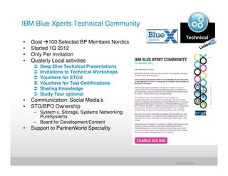 IBM Blue Xperts Technical Community

•   Goal 100 Selected BP Members Nordics
•   Started 1Q 2012
•   Only Per Invitation
•   Quaterly Local activities
       Deep Dive Technical Presentations
       Invitations to Technical Workshops
       Vouchers for STGU
       Vouchers for Test Certifications
       Sharing Knowledge
       Study Tour optional
•   Communication: Social Media’s
•   STG/BPO Ownership
     – System x, Storage, Systems Networking,
       PureSystems
     – Board for Development/Content
•   Support to PartnerWorld Speciality




                                                jrohr@dk.ibm.com
 