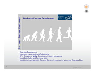 Business Partner Enablement   Business Partner Enablement




    • Business Development
    • Long term investmentment/Relationship
    • BP’s Compete in skills: Technical or Industry knowledge
    • Need Both Sales and Technical skills
    • Need to be integrated with Demand Gen and Incentives for a stronger Business Plan


3
                                                                           jrohr@dk.ibm.com
 