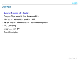 Agenda
 Smarter Process introduction
 Process Discovery with IBM Blueworks Live
 Process Implementation with IBM BPM
 BRMS engine - IBM Operational Decision Management
 IBM Monitoring

 Integration with SAP
 Our differentiators

© 2013 IBM Corporation

 