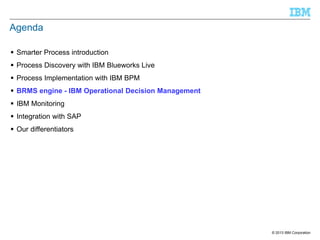 Agenda
 Smarter Process introduction
 Process Discovery with IBM Blueworks Live
 Process Implementation with IBM BPM
 BRMS engine - IBM Operational Decision Management
 IBM Monitoring

 Integration with SAP
 Our differentiators

© 2013 IBM Corporation

 
